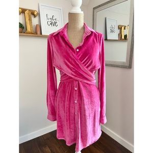 Pink Velour Button Down Wrap Shirt Long Sleeve Cocktail Dress